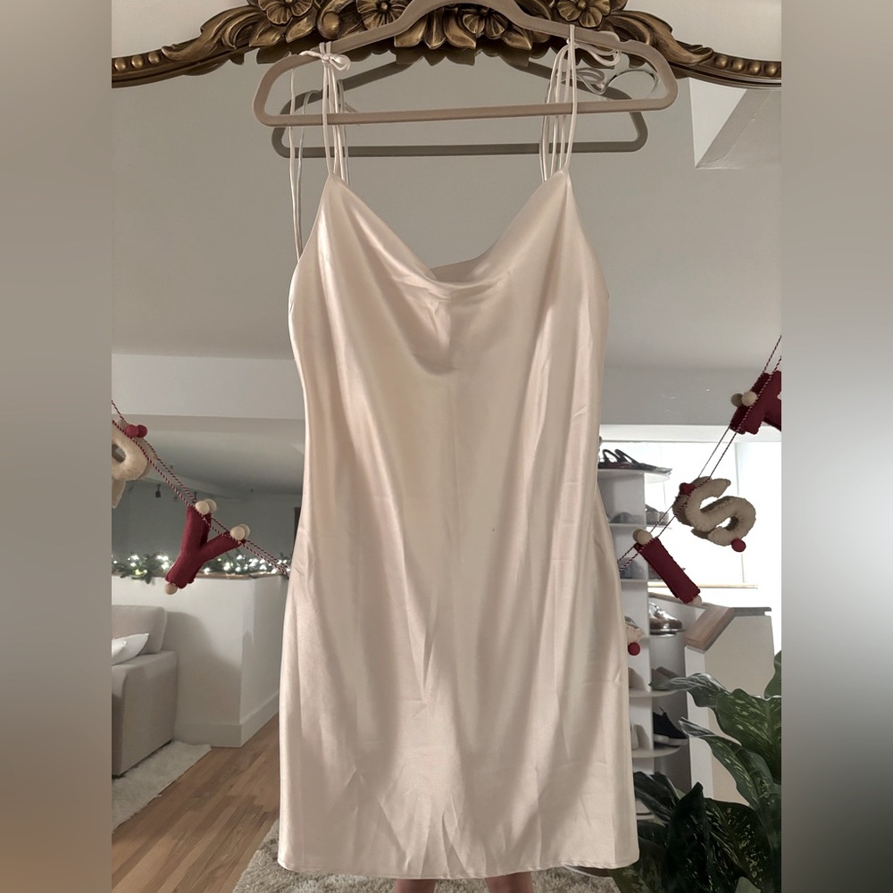 Zara satin effect offwhite cowl neck mini dress